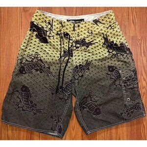 No Fear Board Shorts Mens 30 10" Yellow Koi Fish Scales AOP Swim Trunks Beach